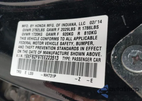 2014 Honda Civic Ex-L from USA, damaged, VIN 19XFB2F97EE223513